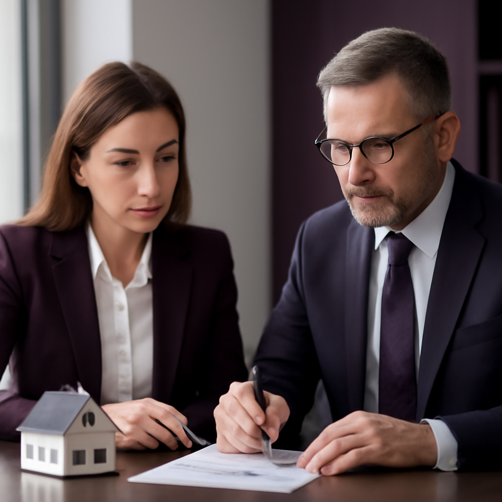 Legal advisor reviewing a real estate contract with an agent in a Swiss office